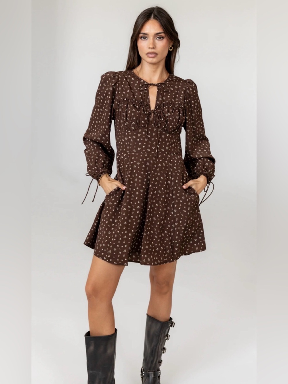Bohme - Myles - Brown Floral Tie-Front Long Sleeve Mini Dress